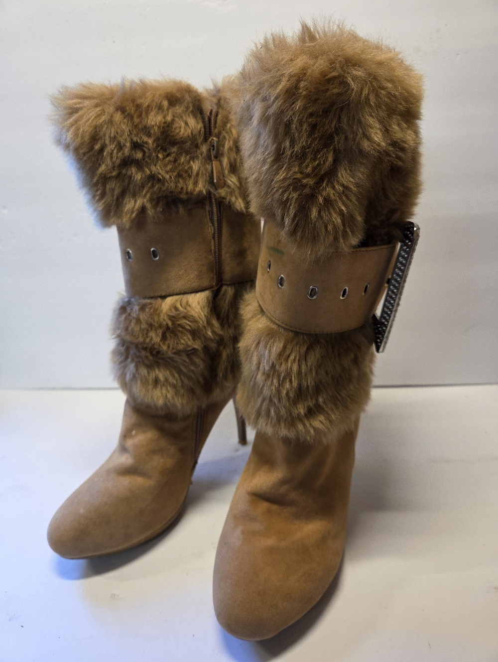 Selina faux fur rhinestone buckle stiletto boot by Summer Rio Size 7.5